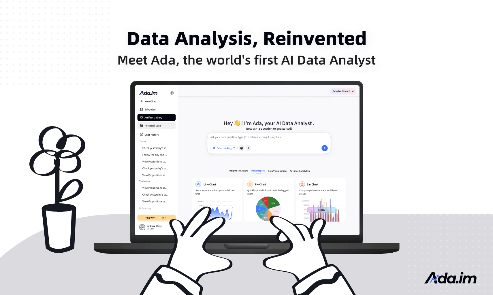 Meet Ada.im, the world's first AI analyst. The platform leverages a cutting-edge LLM and an intelligent agent architecture to tackle the slow and tedious processes of data cleaning, SQL writing, and data report generation — all of which consume valuable analyst time. By transforming raw, disorganized data into actionable insights within minutes, it minimizes manual effort and empowers professionals across industries to make faster, smarter decisions.