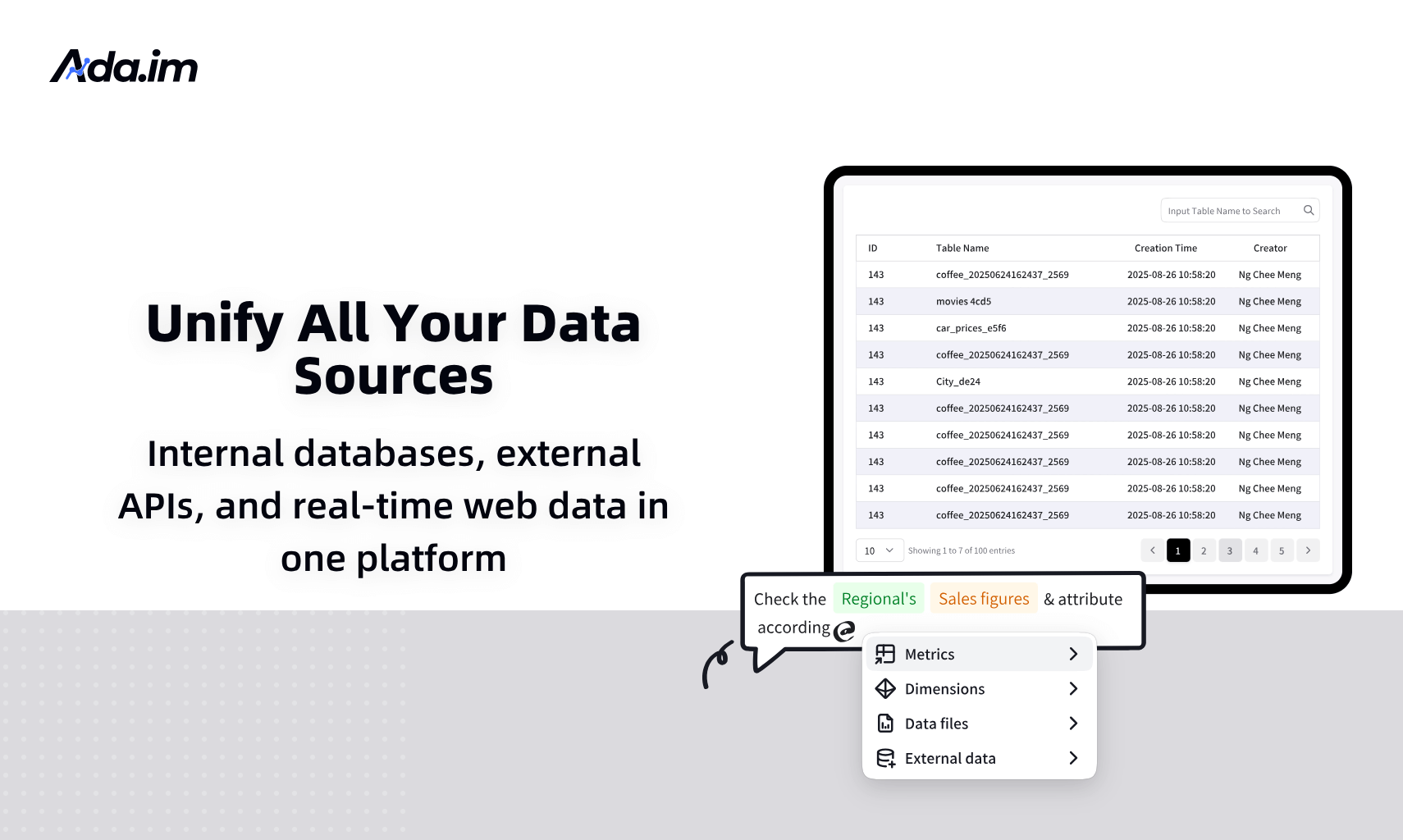 Unify all your data sources seamlessly in a single, powerful platform. Consolidate information from your secure internal databases, connect effortlessly with diverse external APIs, and stream live information from real-time web data feeds. Break down data silos, simplify your workflow, and gain a holistic, unified view of all your information assets to drive smarter, faster decisions.